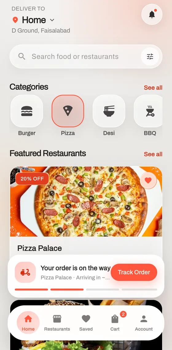 ChaskaBite home screen with food categories, a featured restaurant and a live order tracker