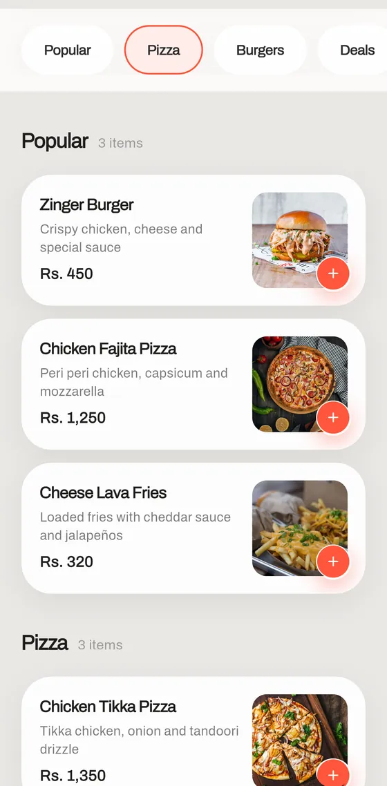 A restaurant menu with dish photos and prices in rupees