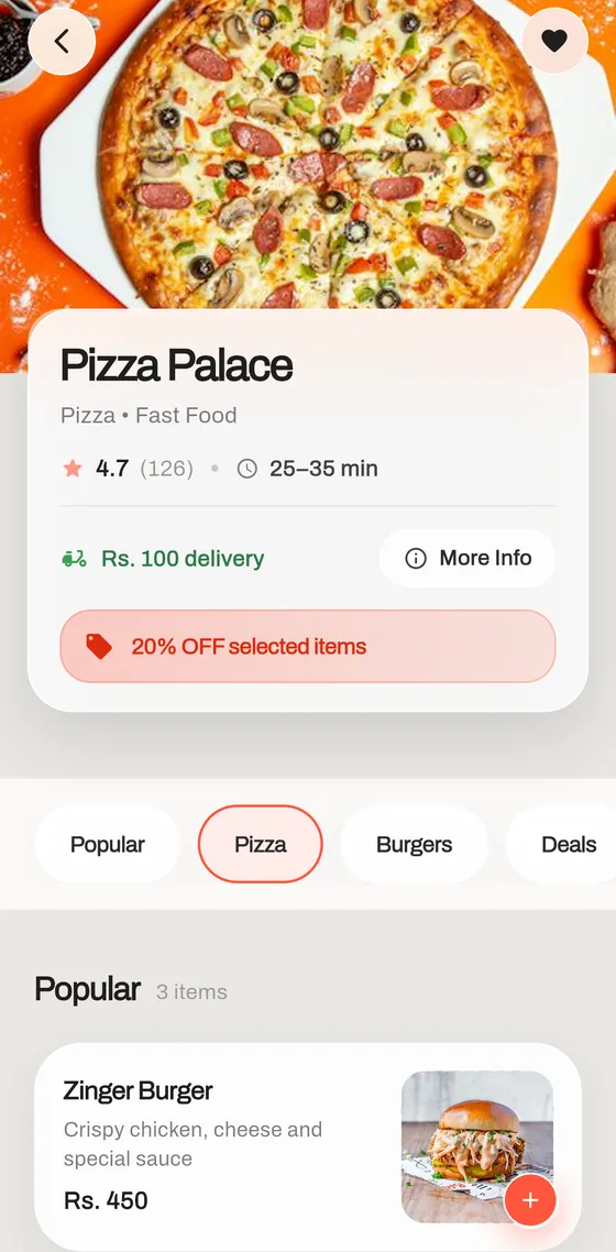 A restaurant page showing delivery fee, delivery time and a discount